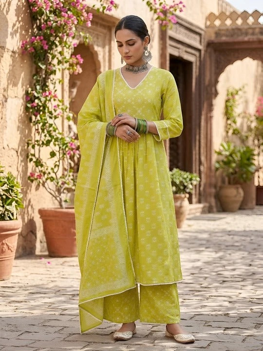Lime Green Printed Anarkali Kurta Set With Dupatta for Women