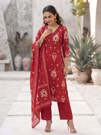 Red Printed Straight Kurta Set With Dupatta for Women