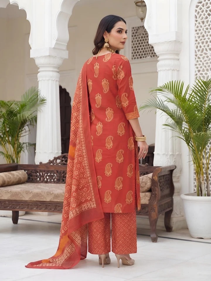Rust Printed Straight Kurta Set With Dupatta for Women