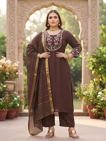 Plus Size Women Brown Embroidered Kurta With Palazo & Dupatta