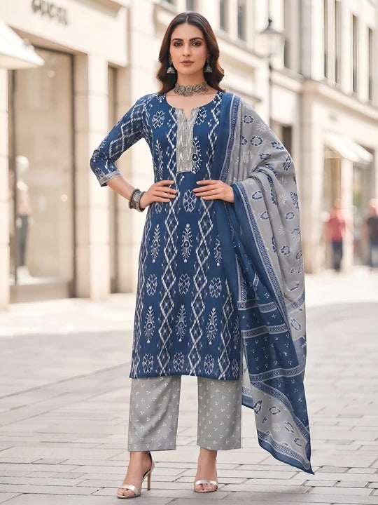 Blue Printed Straight Kurta Set With Dupatta for Women