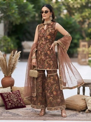 Brownn Printed Straight Kurta Set With Dupatta for Women