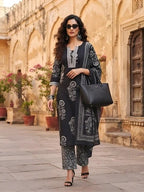 Black Printed Straight Kurta Set With Dupatta for Women