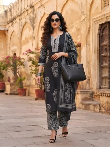 Black Printed Straight Kurta Set With Dupatta for Women