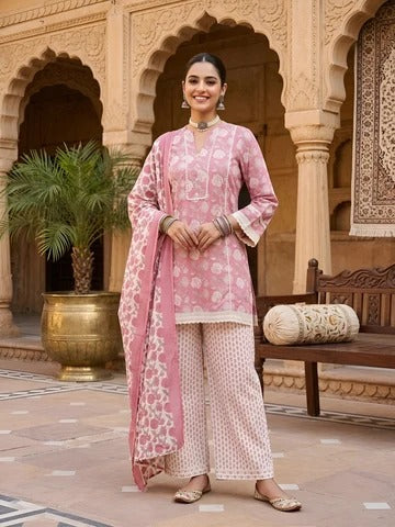 Mauve Printed Straight Kurta Set With Dupatta for Women