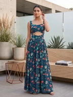 Teal Blue Floral Printed With Stylish Front Design Dress for Women