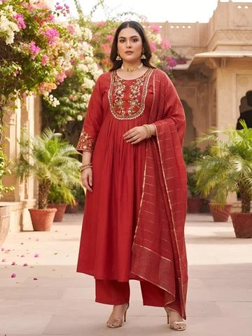 Plus Size Women Red Embroidered Kurta With Palazo & Dupatta