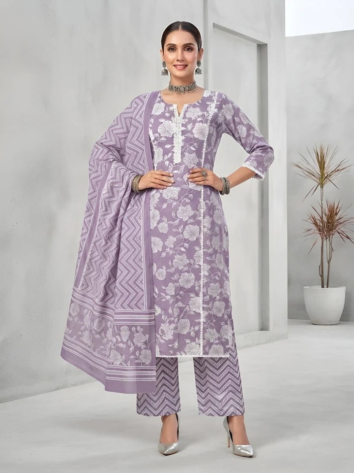 Lavender Printed Straight Kurta Set With Dupatta for Women