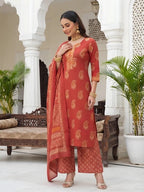 Rust Printed Straight Kurta Set With Dupatta for Women