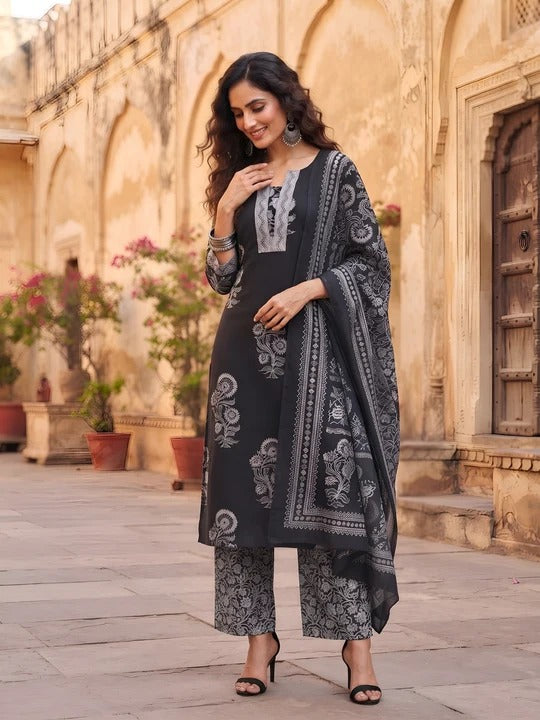 Black Printed Straight Kurta Set With Dupatta for Women