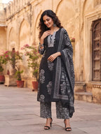 Black Printed Straight Kurta Set With Dupatta for Women