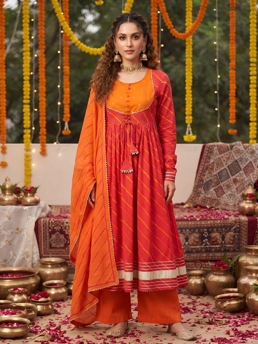 Pink Leheriya Printed Anarkali Kurta Set With Dupatta for Women