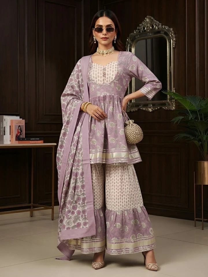 Lavender Printed Peplum Kurta Set With Dupatta for Women