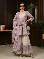 Lavender Printed Peplum Kurta Set With Dupatta for Women