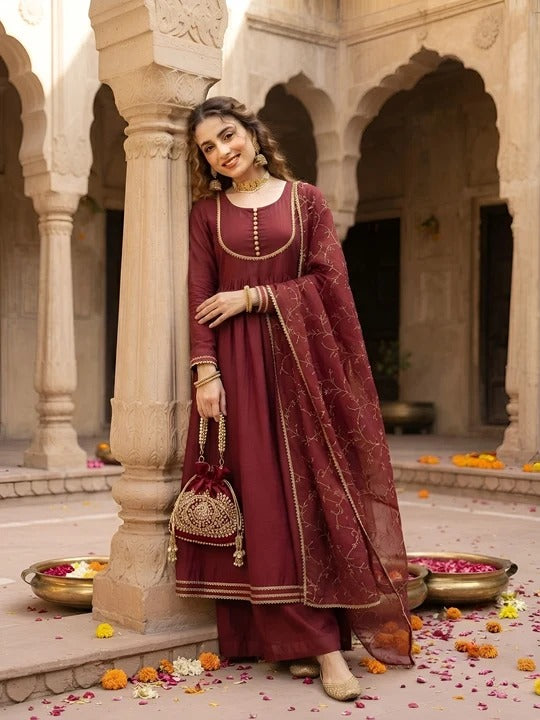 Maroon Anarkali Kurta Set With Dupatta for Women