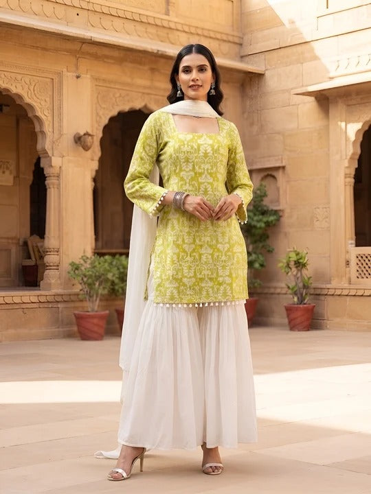 Lime Green & White Sharara Set With Dupatta for Women
