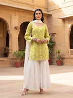 Lime Green & White Sharara Set With Dupatta for Women