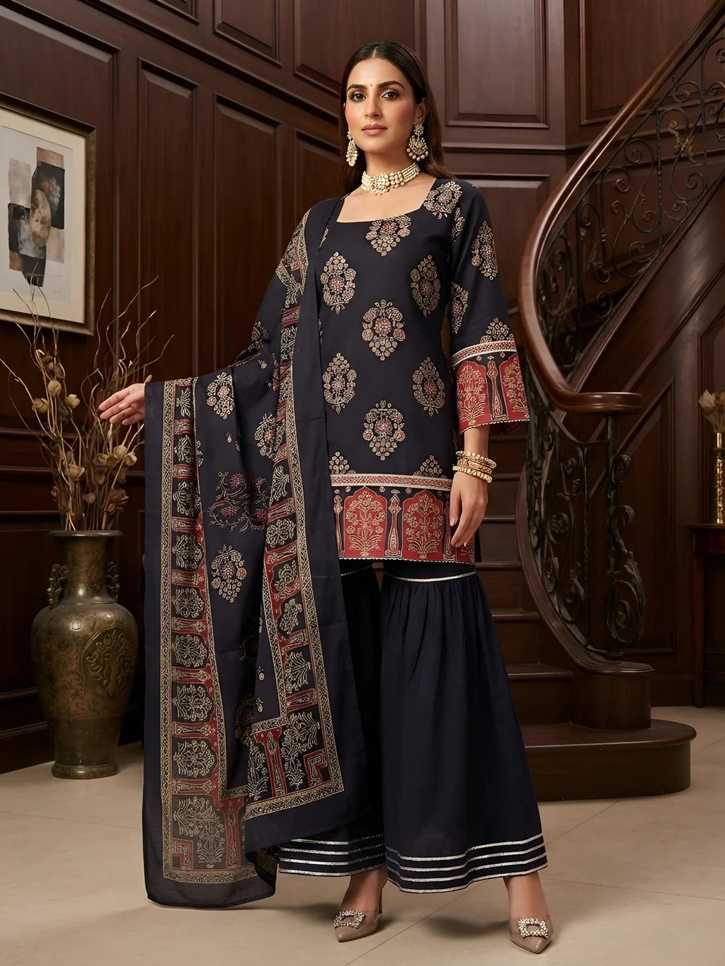 Black Printed Straight Sharara Set With Dupatta for Women