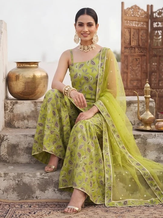 Green Printed Straight Kurta Set With Dupatta for Women