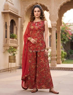 Red Printed Straight Trendy Kurta Set With Dupatta for Women