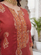 Rust Printed Straight Kurta Set With Dupatta for Women