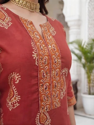 Rust Printed Straight Kurta Set With Dupatta for Women