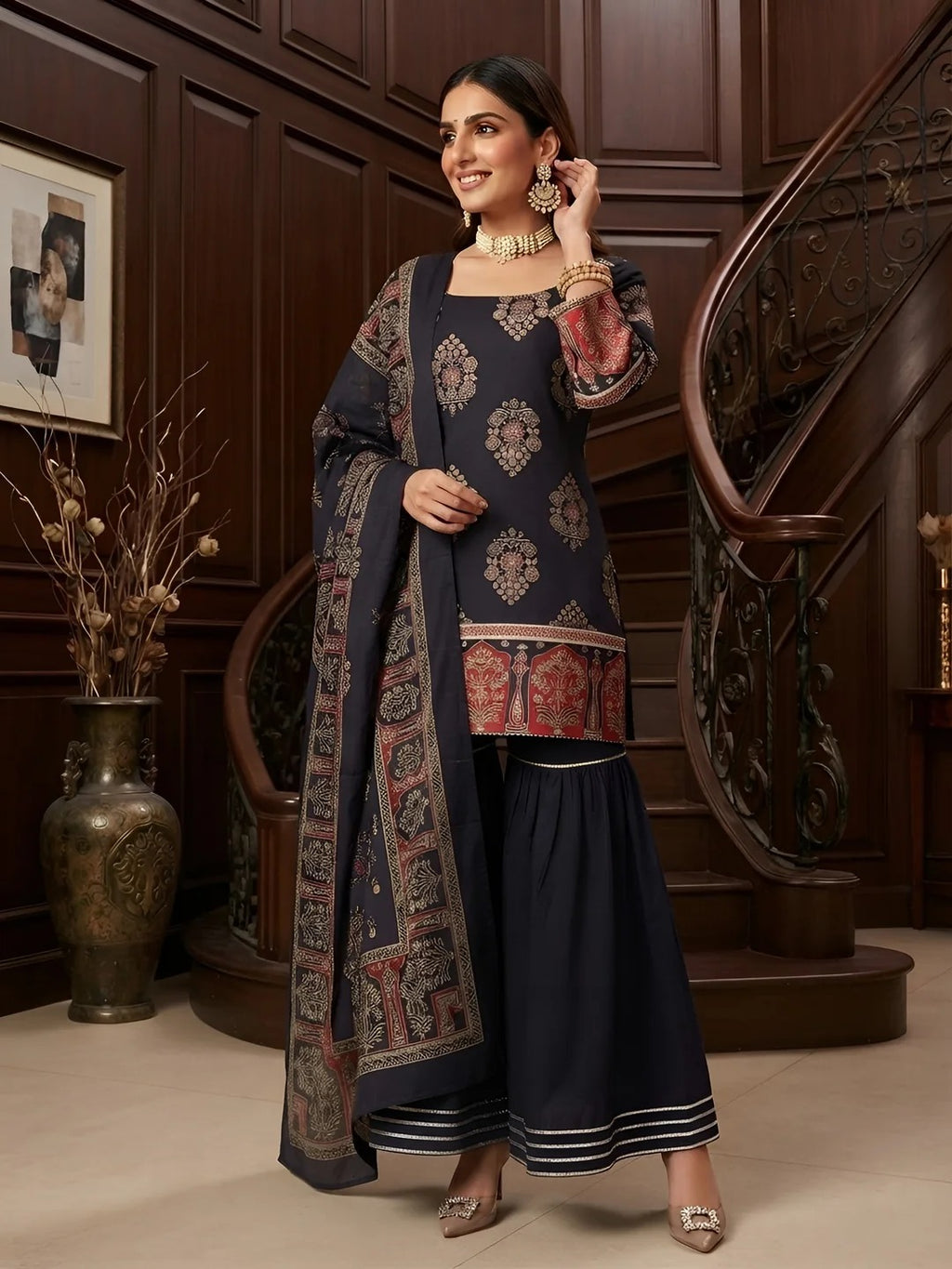 Black Printed Straight Sharara Set With Dupatta for Women