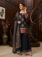 Black Printed Straight Sharara Set With Dupatta for Women