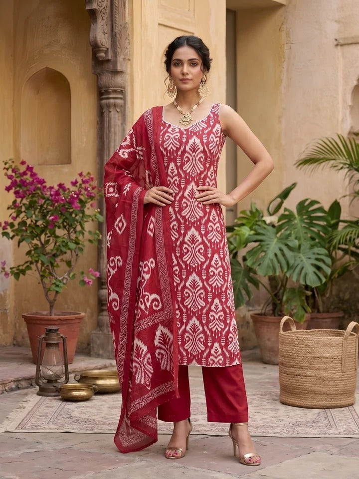 Pink Printed Straight Kurta Set With Dupatta for Women