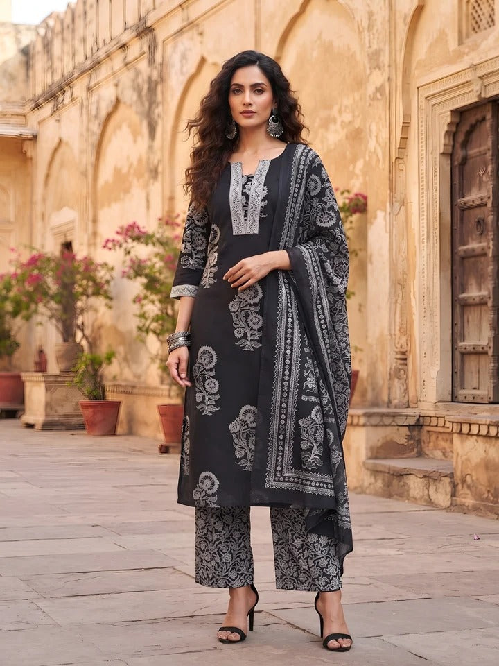 Black Printed Straight Kurta Set With Dupatta for Women