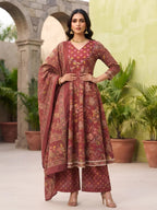 Burgundy Printed Anarkali Kurta Set With Dupatta for Women
