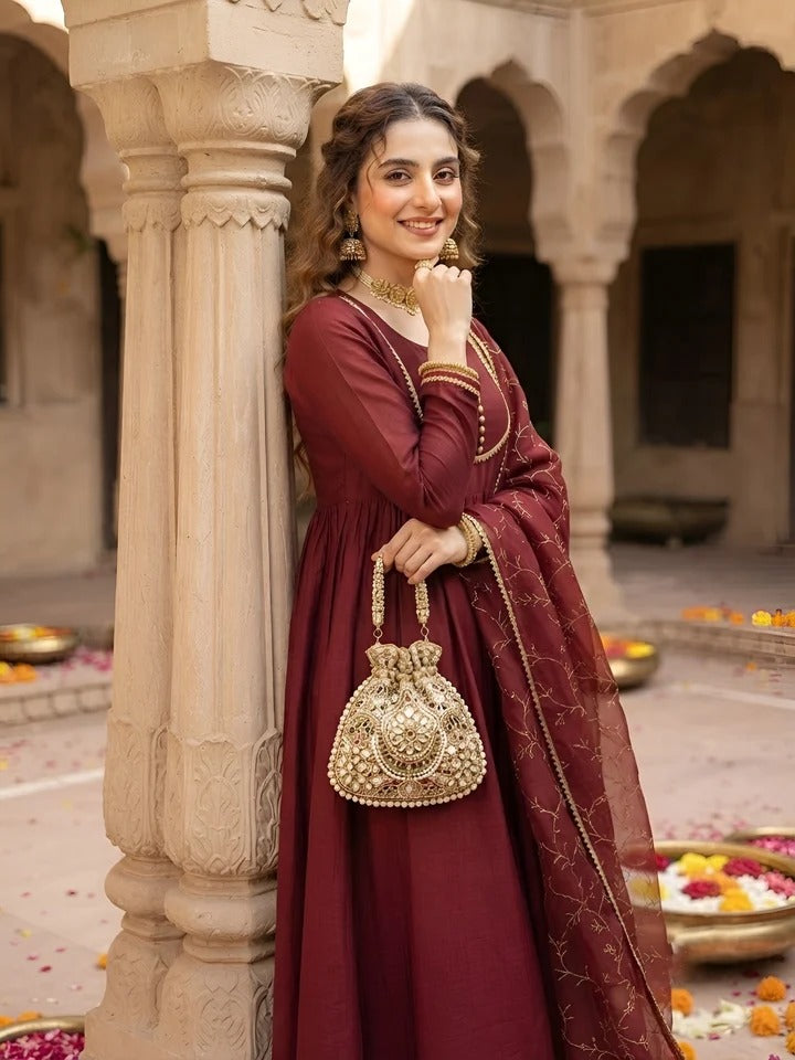 Maroon Anarkali Kurta Set With Dupatta for Women