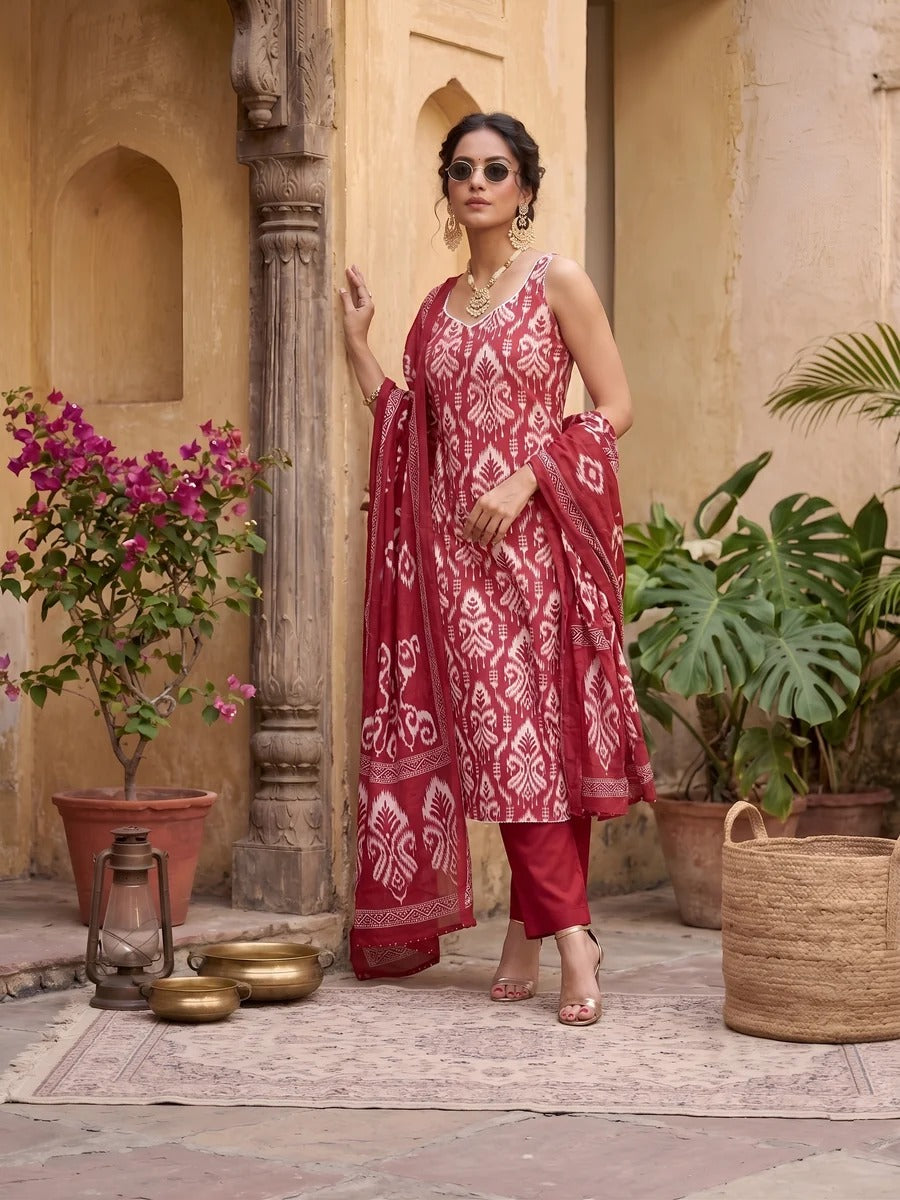 Pink Printed Straight Kurta Set With Dupatta for Women