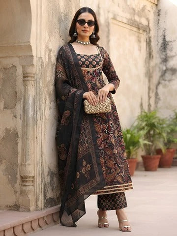 Black Printed Anarkali Kurta Set With Dupatta for Women