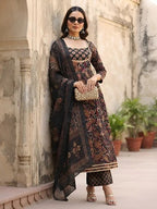 Black Printed Anarkali Kurta Set With Dupatta for Women