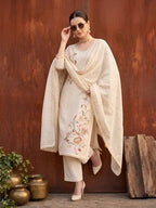 Beige Embroidered Kurta Set With Dupatta for Women