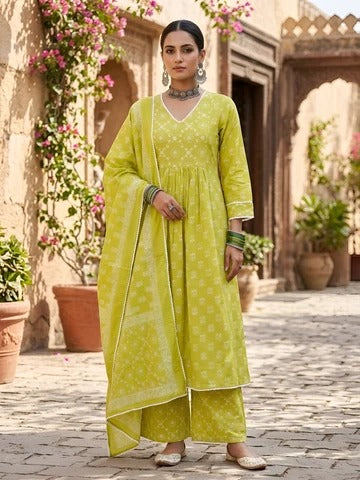 Lime Green Printed Anarkali Kurta Set With Dupatta for Women