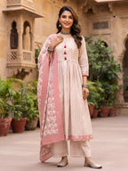 Off White Anarkali Kurta Set With Dupatta for Women