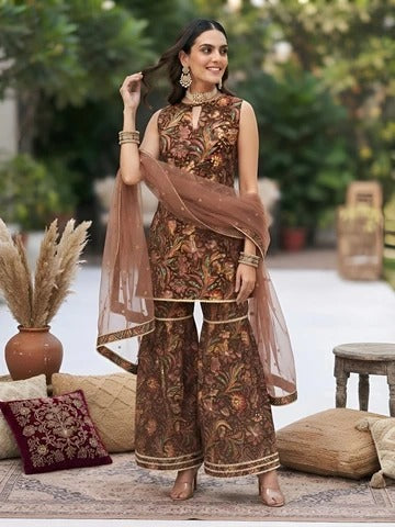 Brownn Printed Straight Kurta Set With Dupatta for Women