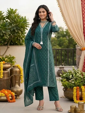 Teal Green Printed Straight Kurta Set With Dupatta for Women