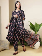 Black Printed Anarkali Kurta Set With Dupatta For Women