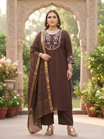 Plus Size Women Brown Embroidered Kurta With Palazo & Dupatta