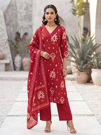 Red Printed Straight Kurta Set With Dupatta for Women