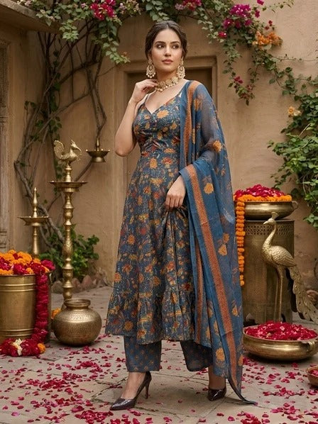 Teal Blue Printed Anarkali Kurta Set With Dupatta for Women