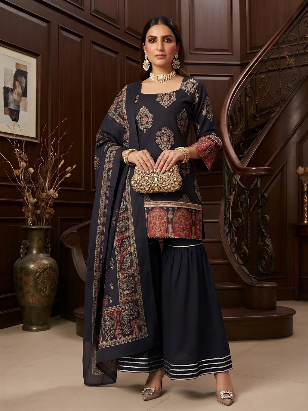 Black Printed Straight Sharara Set With Dupatta for Women