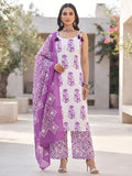 White Printed Straight Kurta Set With Dupatta for Women