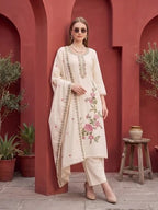 Beige Embroidered Kurta Set With Dupatta for Women