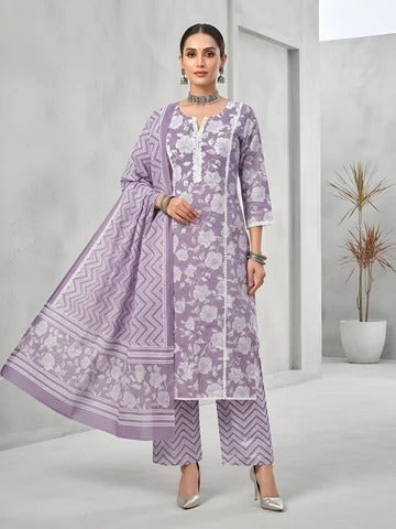 Lavender Printed Straight Kurta Set With Dupatta for Women