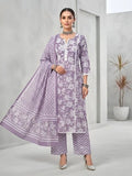 Lavender Printed Straight Kurta Set With Dupatta for Women