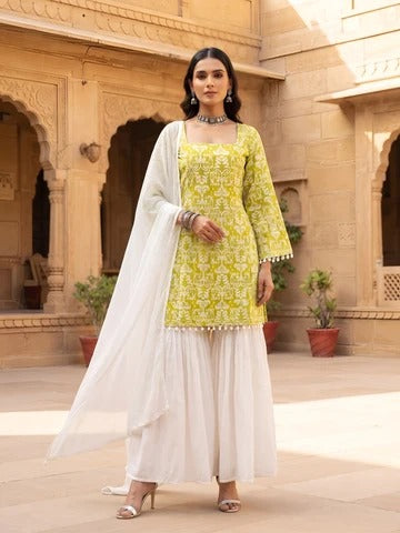 Lime Green & White Sharara Set With Dupatta for Women